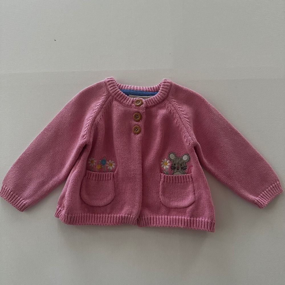 JoJo Maman Bebe 6-12 Months Baby Girl Pink Sweater Cardigan Mouse Flower Pocket